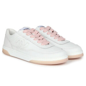 Chanel 24P White Pink Leather CC Logo Flat Lace Up Runner Trainer Sneaker 40